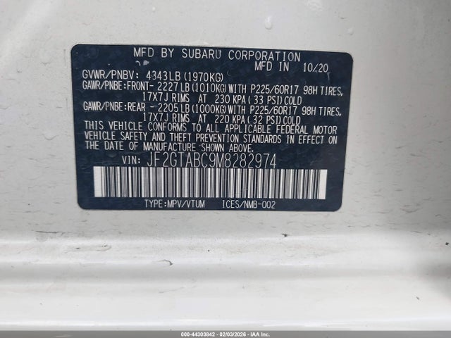 44303842 :رقم المزاد ، JF2GTABC9M8282974 vin ، 2021 Subaru Crosstrek مزاد بيع