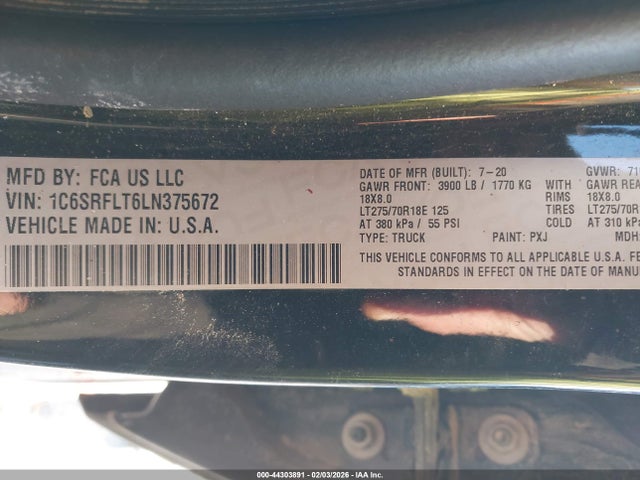 Продаж на аукціоні авто 2020 Ram 1500 Rebel  4x4 5'7 Box, vin: 1C6SRFLT6LN375672, номер лоту: 44303891