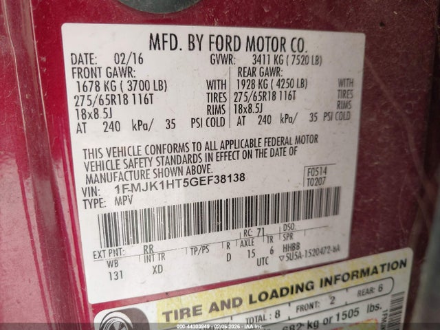1FMJK1HT5GEF38138 Ford Expedition El Xlt