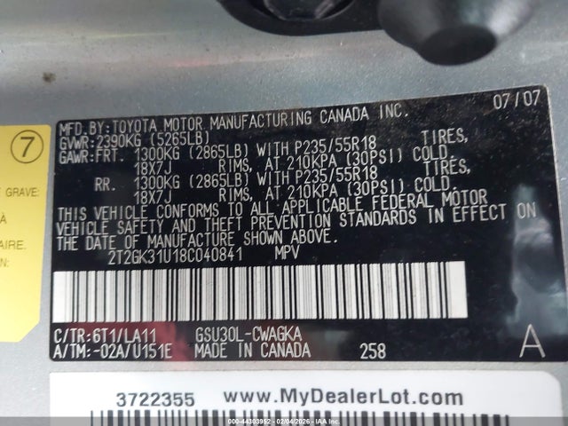 Auction sale of the 2008 Lexus Rx 350, vin: 2T2GK31U18C040841, lot number: 44303952