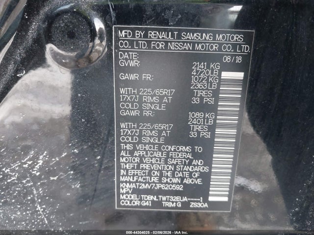 44304025 :رقم المزاد ، KNMAT2MV7JP620592 vin ، 2018 Nissan Rogue Sv مزاد بيع