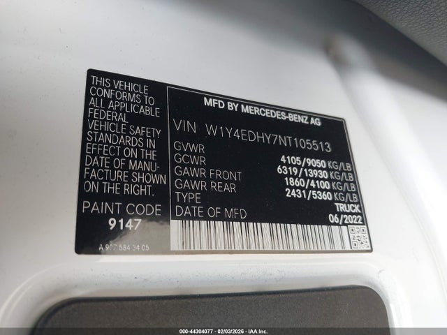 Aukcja sprzedaży 2022 Mercedes-benz Sprinter 2500 High Roof V6, vin: W1Y4EDHY7NT105513, numer aukcji: 44304077
