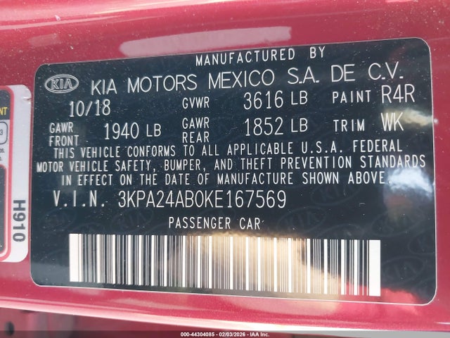3KPA24AB0KE167569 KIA RIO S