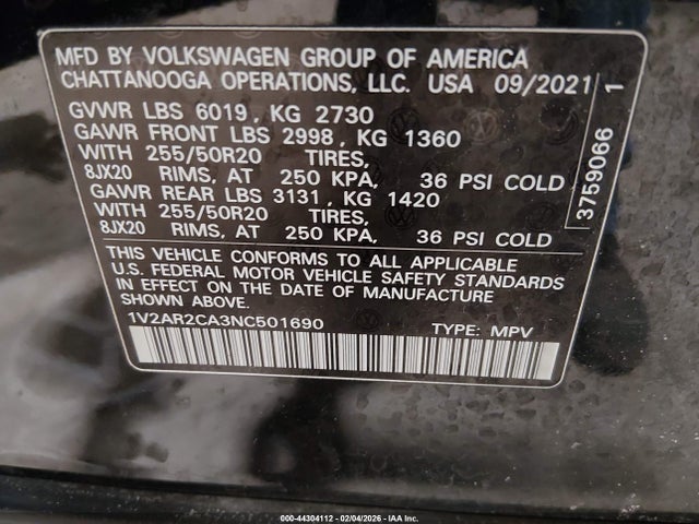 Продаж на аукціоні авто 2022 Volkswagen Atlas 3.6l V6 Sel R-line, vin: 1V2AR2CA3NC501690, номер лоту: 44304112