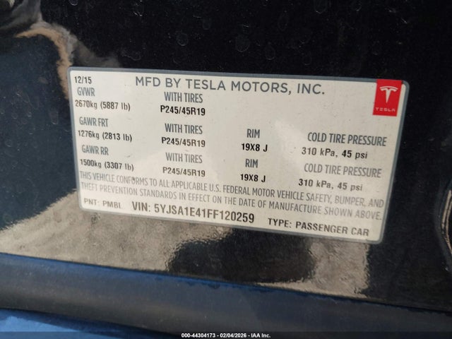 2015 Tesla Model S 85d/p85d მანქანა იყიდება აუქციონზე, vin: 5YJSA1E41FF120259, აუქციონის ნომერი: 44304173