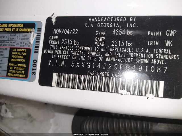 44304231 :رقم المزاد ، 5XXG14J29PG191087 vin ، 2023 Kia K5 Lxs مزاد بيع