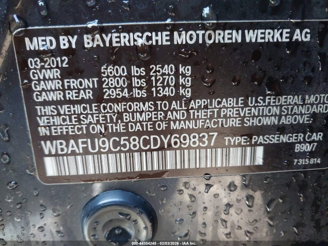 2012 BMW 550I WBAFU9C58CDY69837 Photo 8