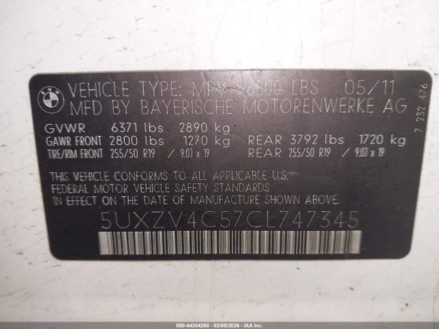 44304268 :رقم المزاد ، 5UXZV4C57CL747345 vin ، 2012 Bmw X5 Xdrive35i/xdrive35i Premium/xdrive35i Sport Activity مزاد بيع