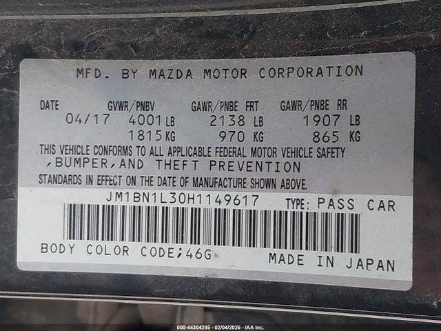 Aukcja sprzedaży 2017 Mazda Mazda3 Touring 2.5, vin: JM1BN1L30H1149617, numer aukcji: 44304285