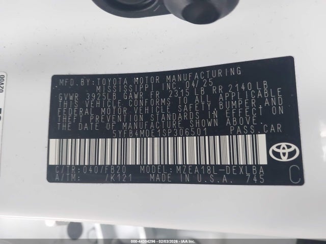 Продажа на аукционе авто 2025 Toyota Corolla Le, vin: 5YFB4MDE1SP306501, номер лота: 44304296