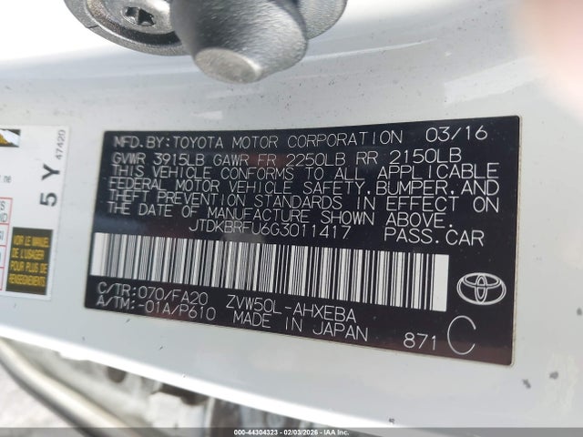 JTDKBRFU6G3011417 Toyota Prius Two