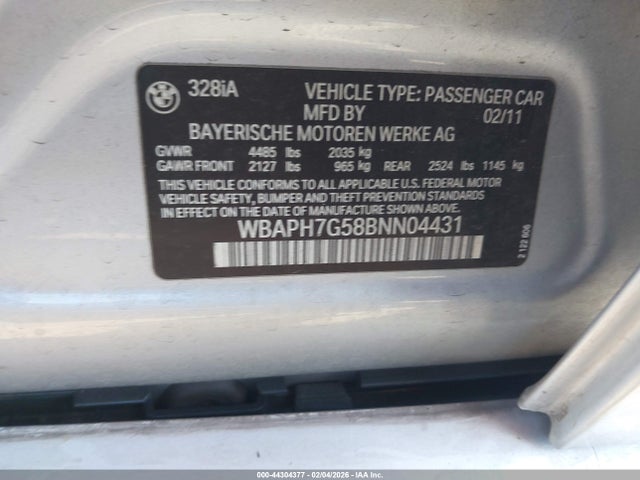 44304377 :رقم المزاد ، WBAPH7G58BNN04431 vin ، 2011 Bmw 328i مزاد بيع