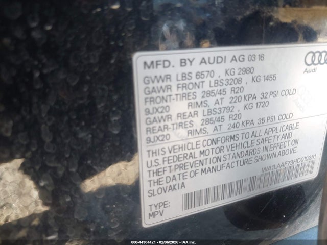 Aukcja sprzedaży 2017 Audi Q7 3.0t Premium, vin: WA1LAAF73HD010251, numer aukcji: 44304421