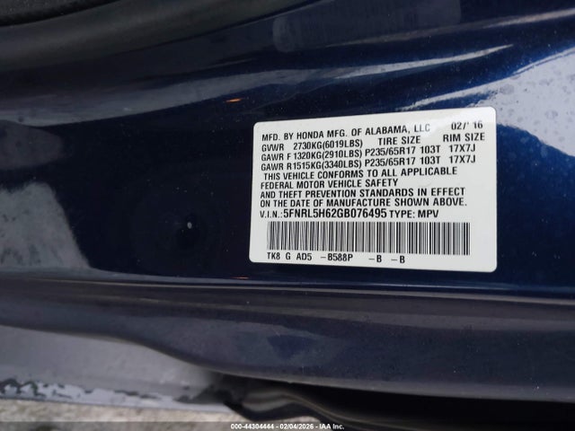 2016 HONDA ODYSSEY 5FNRL5H62GB076495 Photo 8