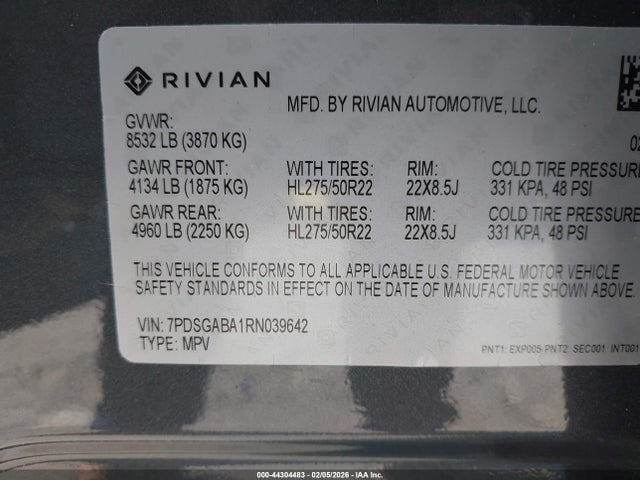 Продажа на аукционе авто 2024 Rivian R1s Adventure Quad Motor Large Pack, vin: 7PDSGABA1RN039642, номер лота: 44304483