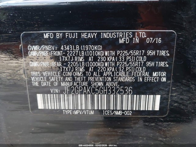 JF2GPAKC5GH332536 Subaru Crosstrek 2.0i Limited