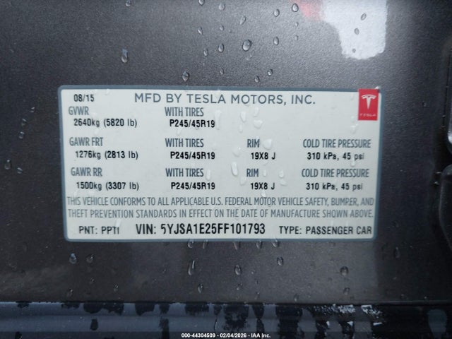 Продажа на аукционе авто 2015 Tesla Model S 70d/85d/p85d, vin: 5YJSA1E25FF101793, номер лота: 44304509