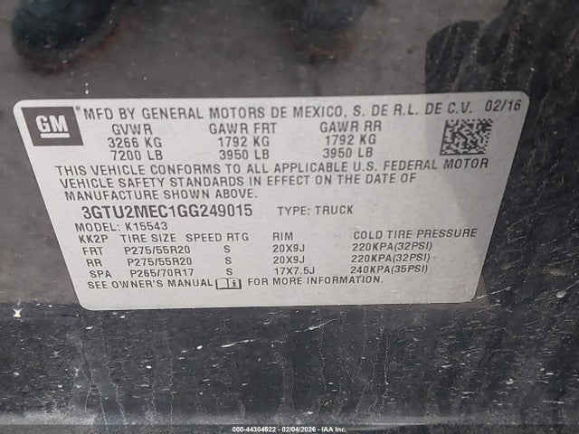Aukcja sprzedaży 2016 Gmc Sierra 1500 Sle, vin: 3GTU2MEC1GG249015, numer aukcji: 44304522