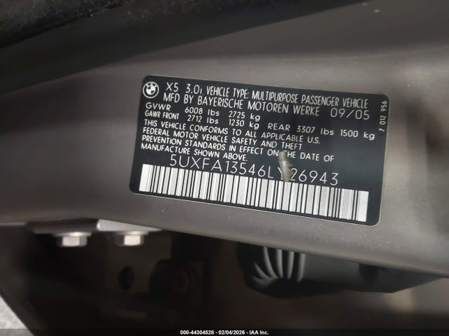 Aukcja sprzedaży 2006 Bmw X5 3.0i, vin: 5UXFA13546LY26943, numer aukcji: 44304528