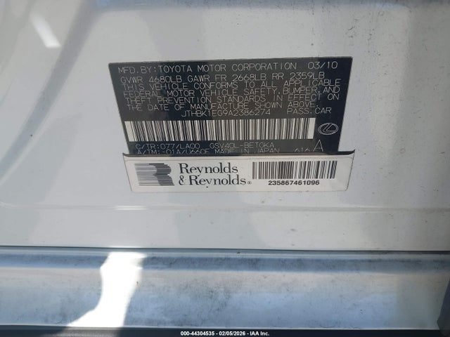 Продаж на аукціоні авто 2010 Lexus Es 350, vin: JTHBK1EG9A2386274, номер лоту: 44304535