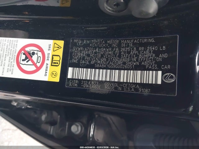 44304635 :رقم المزاد ، 58ABK1GG9GU026051 vin ، 2016 Lexus Es 350 مزاد بيع