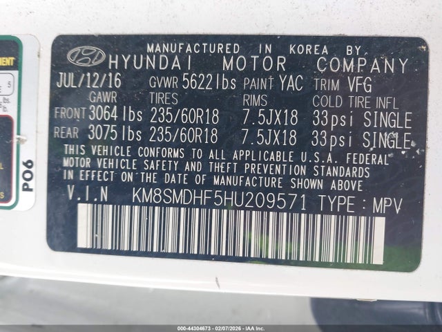 KM8SMDHF5HU209571 Hyundai Santa Fe Se