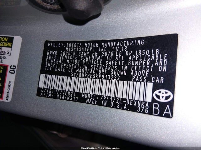5YFBURHE9KP913222 Toyota COROLLA LE