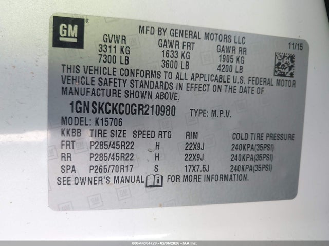 44304728 :رقم المزاد ، 1GNSKCKC0GR210980 vin ، 2016 Chevrolet Tahoe Ltz مزاد بيع