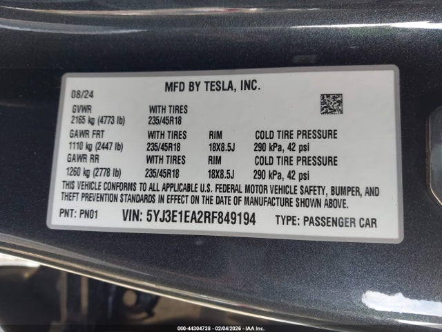 Aukcja sprzedaży 2024 Tesla Model 3 Long Range Dual Motor All-wheel Drive/rear-wheel Drive, vin: 5YJ3E1EA2RF849194, numer aukcji: 44304738