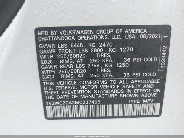 Aukcja sprzedaży 2021 Volkswagen Atlas Cross Sport 2.0t Se W/technology, vin: 1V2WC2CA2MC237495, numer aukcji: 44304751