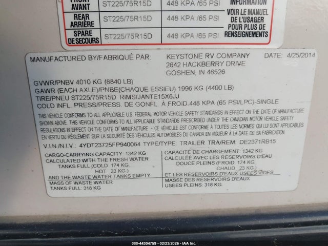 Продаж на аукціоні авто 2015 Dutchmen Denali, vin: 4YDT23725FP940064, номер лоту: 44304759