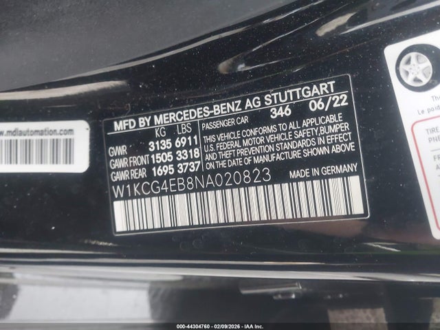 44304760 :رقم المزاد ، W1KCG4EB8NA020823 vin ، 2022 Mercedes-benz Eqs 580 4matic مزاد بيع