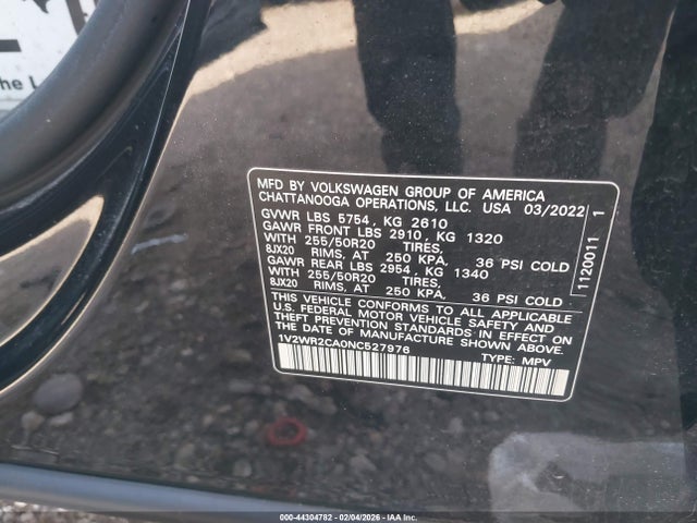 Продажа на аукционе авто 2022 Volkswagen Atlas 3.6l V6 Se W/technology, vin: 1V2WR2CA0NC527976, номер лота: 44304782