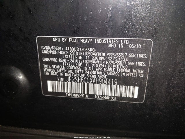 44304804 :رقم المزاد ، JF2SH6CCXAH904419 vin ، 2010 Subaru Forester 2.5x Premium مزاد بيع