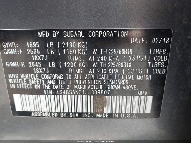 4S4BSANC1J3309807 Subaru Outback 2.5i Limited