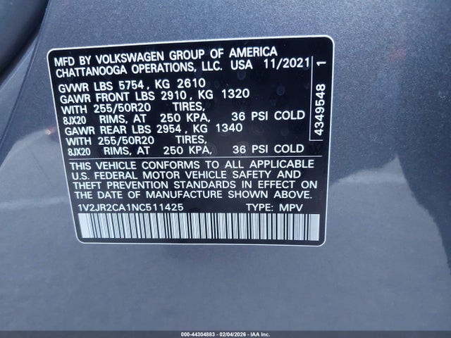 1V2JR2CA1NC511425 Volkswagen Atlas 3.6l V6 Se W/technology