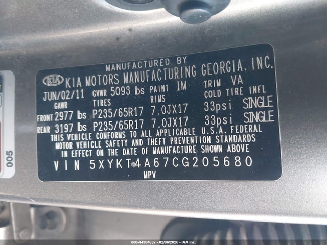 44304887 :رقم المزاد ، 5XYKT4A67CG205680 vin ، 2012 Kia Sorento Lx مزاد بيع