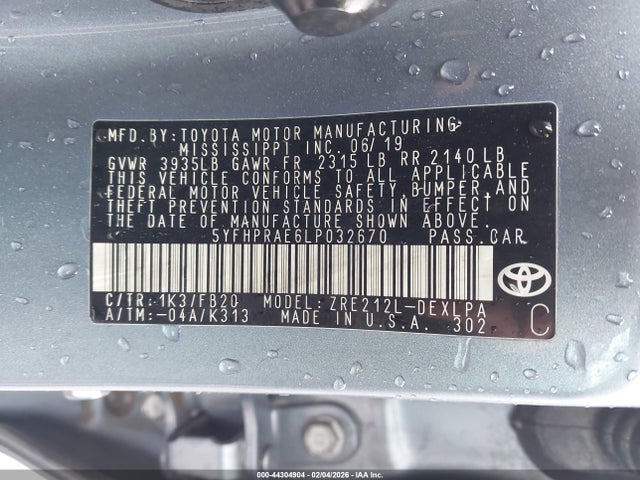Aukcja sprzedaży 2020 Toyota Corolla Le, vin: 5YFHPRAE6LP032670, numer aukcji: 44304904