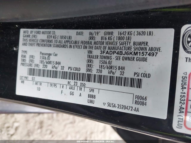 44304917 :رقم المزاد ، 3FADP4BJ6KM157497 vin ، 2019 Ford Fiesta Se مزاد بيع