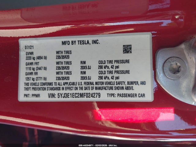 44304971 :رقم المزاد ، 5YJ3E1EC2MF024279 vin ، 2021 Tesla Model 3 Performance Dual Motor All-wheel Drive مزاد بيع