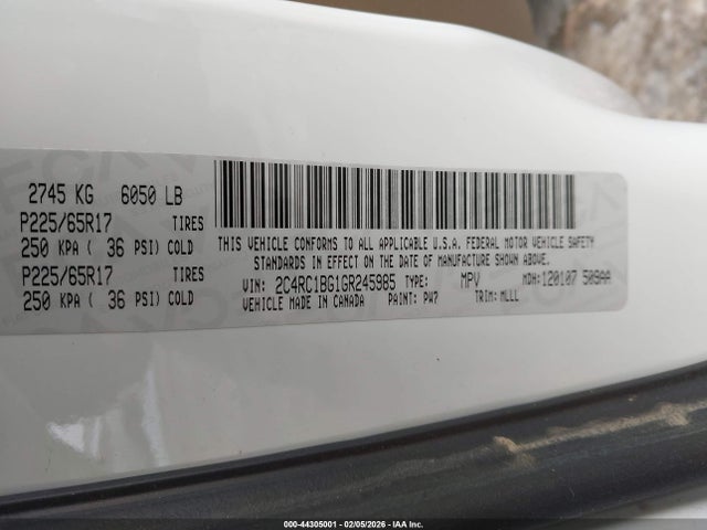 44305001 :رقم المزاد ، 2C4RC1BG1GR245985 vin ، 2016 Chrysler Town & Country Touring مزاد بيع