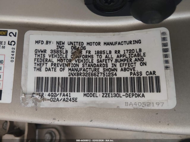 Aukcja sprzedaży 2006 Toyota Corolla Ce, vin: 1NXBR32E66Z751254, numer aukcji: 44305012