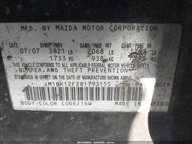 Aukcja sprzedaży 2008 Mazda Mazda3 I Sport, vin: JM1BK12F281793155, numer aukcji: 44305020