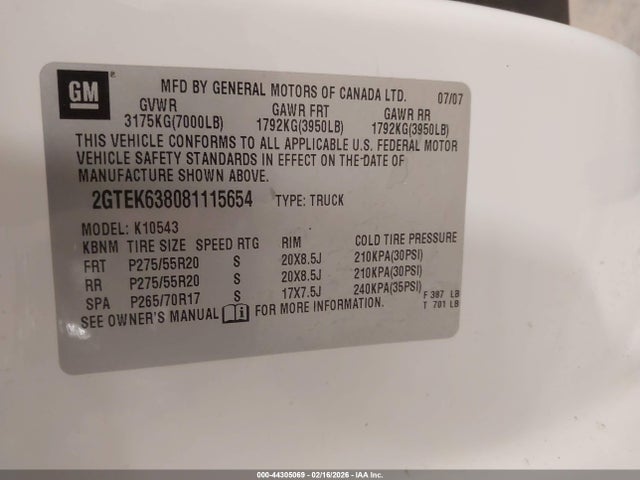 Aukcja sprzedaży 2008 Gmc Sierra 1500 Denali, vin: 2GTEK638081115654, numer aukcji: 44305069