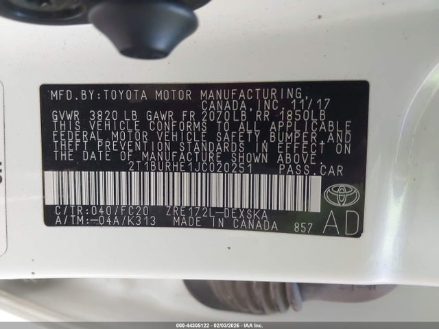 2T1BURHE1JC020251 Toyota COROLLA SE