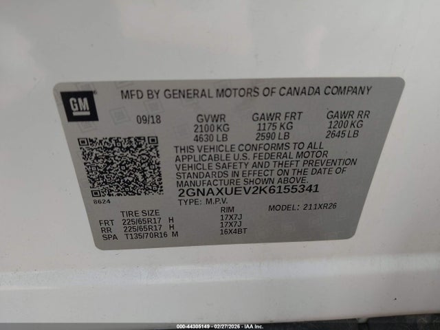 44305149 :رقم المزاد ، 2GNAXUEV2K6155341 vin ، 2019 Chevrolet Equinox Lt مزاد بيع