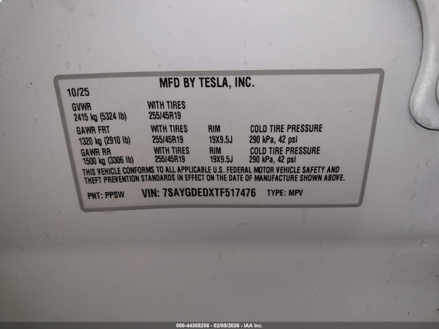 Aukcja sprzedaży 2026 Tesla Model Y Premium Rear-wheel Drive/standard Rear-wheel Drive, vin: 7SAYGDEDXTF517476, numer aukcji: 44305258