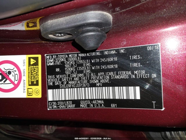 5TDJZRFH2JS913613 Toyota Highlander Xle