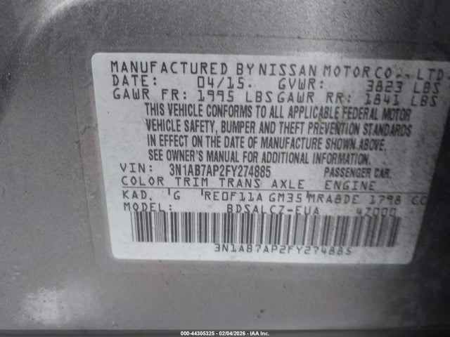 Продажа на аукционе авто 2015 Nissan Sentra S, vin: 3N1AB7AP2FY274885, номер лота: 44305325