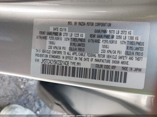 Aukcja sprzedaży 2019 Mazda Cx-9 Touring, vin: JM3TCACY5K0321408, numer aukcji: 44305347
